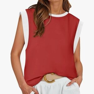 Elegant Red Sleeveless Blouse with White Trim